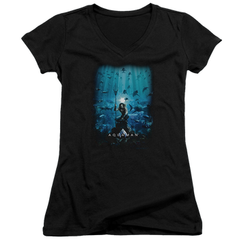 Black juniors v-neck t-shirt with Aquaman Movie Poster graphic