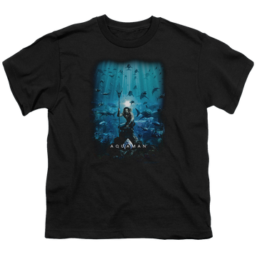 Black youth t-shirt for ages 8 to 12 with Aquaman Movie Poster graphic