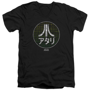 Black men's v-neck t-shirt with Atari Japanese Grid graphic