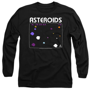 Black men's long sleeve t-shirt with Atari Asteroids Screen graphic