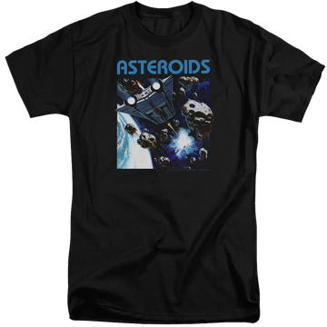 Black men's tall fit t-shirt with Atari 2600 Asteroids graphic