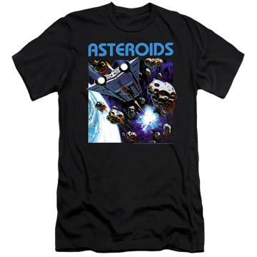 Black men's premium slim fit t-shirt with Atari 2600 Asteroids graphic
