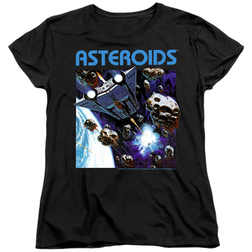 Black women's t-shirt with Atari 2600 Asteroids graphic