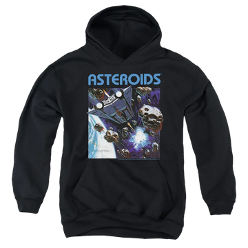 Black youth hoodie for ages 8 to 12 with Atari 2600 Asteroids graphic