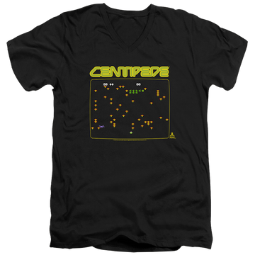 Black men's v-neck t-shirt with Atari Centipede Screen graphic