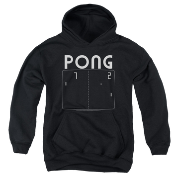 Black youth hoodie for ages 8 to 12 with Atari Pong Screen graphic