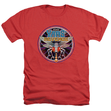 Red men's heather t-shirt with Atari Yars Revenge Patch graphic