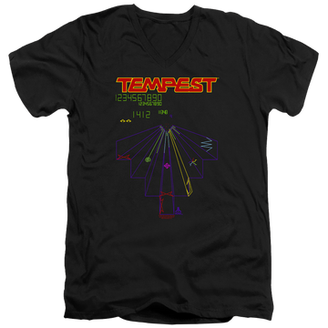 Black men's v-neck t-shirt with Atari Tempest Screen graphic