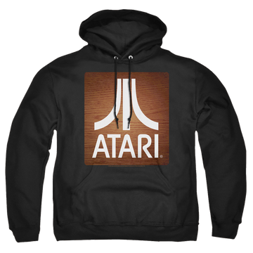 Black pullover hoodie with Atari Classic Wood Square graphic