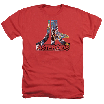 Red men's heather t-shirt with Asteroids Atari graphic