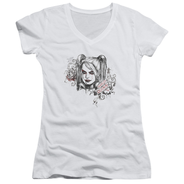 Batman - Arkham Sketchy Girl - Juniors V-Neck T-Shirt Juniors V-Neck T-Shirt Harley Quinn   