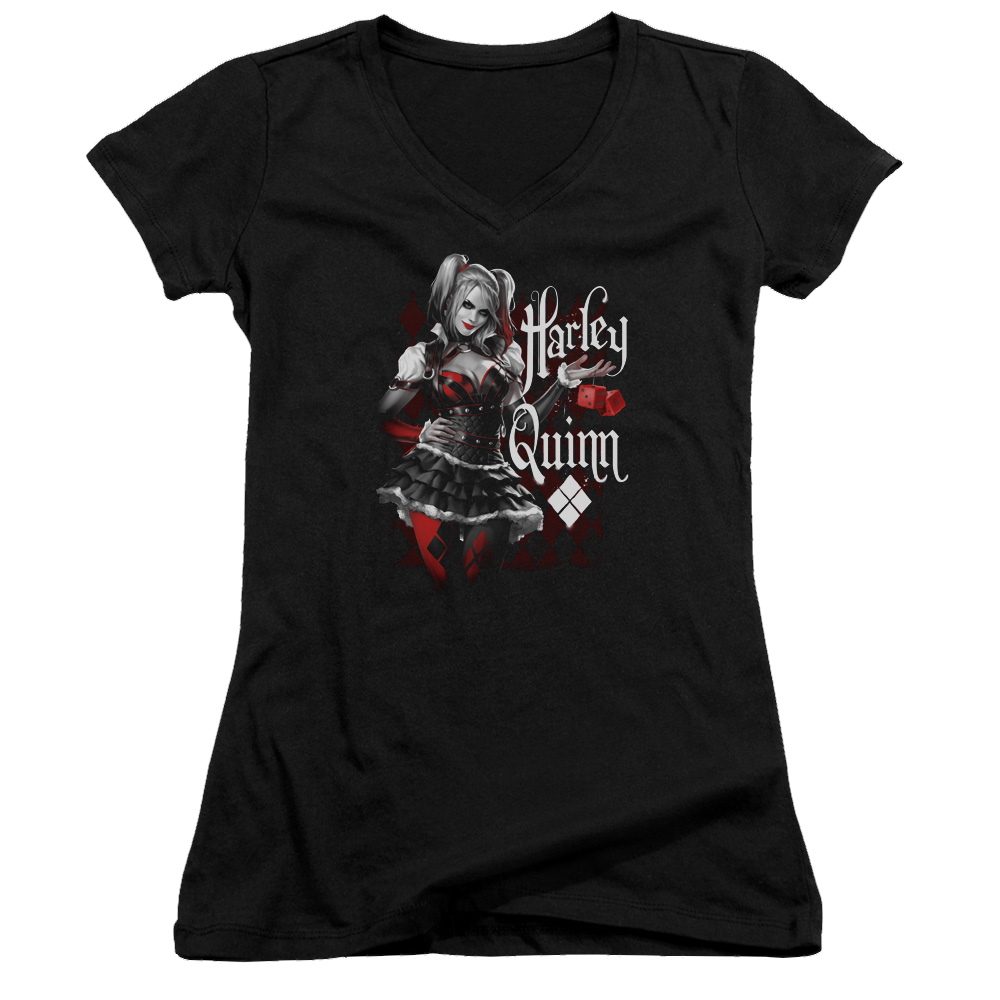 Batman - Arkham Dice - Juniors V-Neck T-Shirt Juniors V-Neck T-Shirt Harley Quinn   