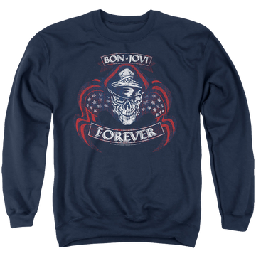 Navy men's crewneck sweatshirt with Bon Jovi Forever Skull graphic