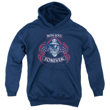 Navy youth hoodie for ages 8 to 12 with Bon Jovi Forever Skull graphic