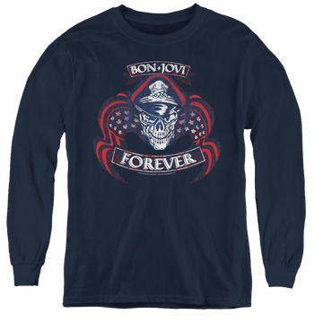 Navy youth long sleeve t-shirt with Bon Jovi Forever Skull graphic
