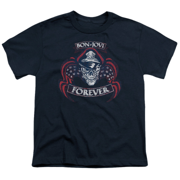 Navy youth t-shirt for ages 8 to 12 with Bon Jovi Forever Skull graphic
