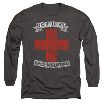 Charcoal men's long sleeve t-shirt with Bon Jovi Bad Medicine graphic