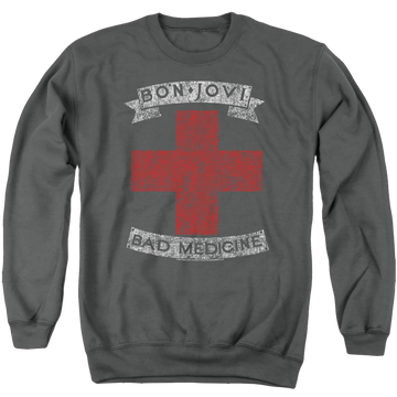 Charcoal men's crewneck sweatshirt with Bon Jovi Bad Medicine graphic