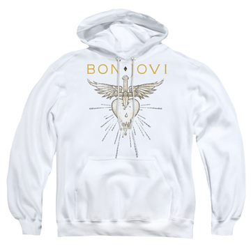White pullover hoodie with Bon Jovi Greatest Hits graphic