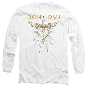 White men's long sleeve t-shirt with Bon Jovi Greatest Hits graphic