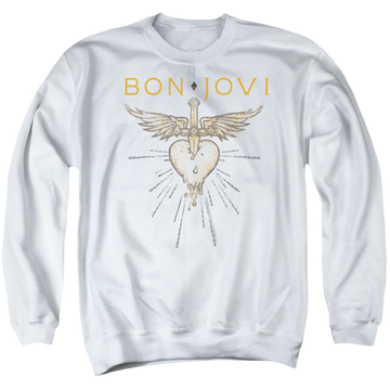 White men's crewneck sweatshirt with Bon Jovi Greatest Hits graphic