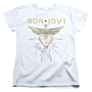 White women's t-shirt with Bon Jovi Greatest Hits graphic