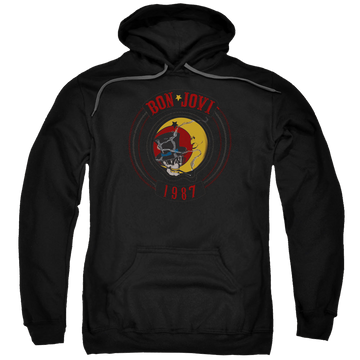 Black pullover hoodie with Bon Jovi 1987 graphic