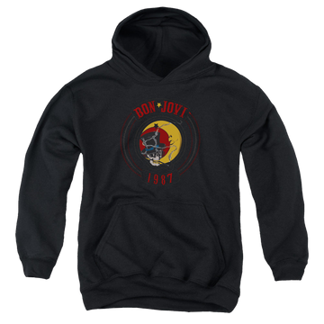 Black youth hoodie for ages 8 to 12 with Bon Jovi 1987 graphic