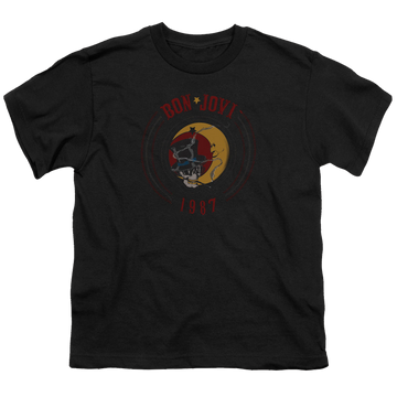 Black youth t-shirt for ages 8 to 12 with Bon Jovi 1987 graphic