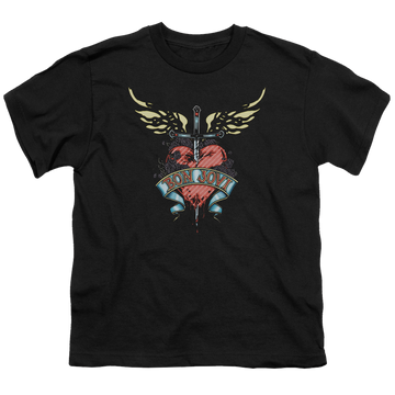Black youth t-shirt for ages 8 to 12 with Bon Jovi Daggered graphic