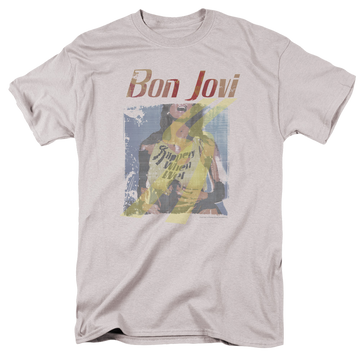 Silver men's regular fit t-shirt with Bon Jovi Slippery When Wet Girl graphic