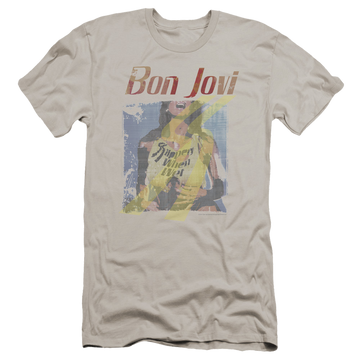 Silver men's premium slim fit t-shirt with Bon Jovi Slippery When Wet Girl graphic