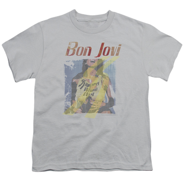 Silver youth t-shirt for ages 8 to 12 with Bon Jovi Slippery When Wet Girl graphic