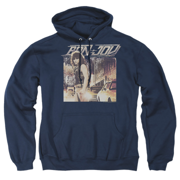 Navy pullover hoodie with Bon Jovi Runaway Jon graphic