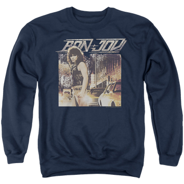 Navy men's crewneck sweatshirt with Bon Jovi Runaway Jon graphic