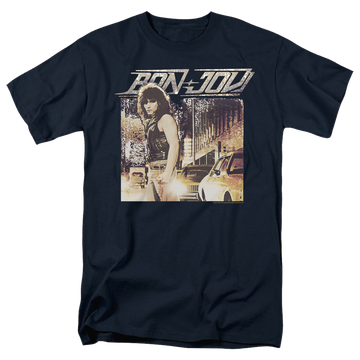 Navy men's regular fit t-shirt with Bon Jovi Runaway Jon graphic