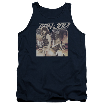 Navy men's tank with Bon Jovi Runaway Jon graphic