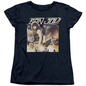 Navy women's t-shirt with Bon Jovi Runaway Jon graphic