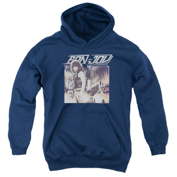 Navy youth hoodie for ages 8 to 12 with Bon Jovi Runaway Jon graphic