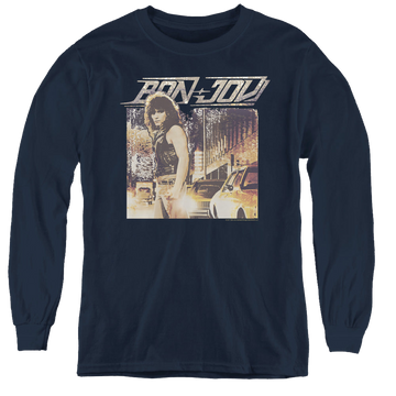 Navy youth long sleeve t-shirt with Bon Jovi Runaway Jon graphic