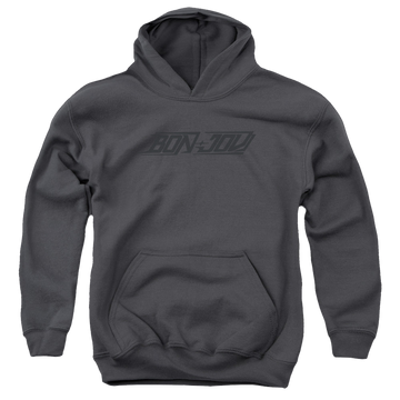 Charcoal youth hoodie for ages 8 to 12 with Bon Jovi New Logo graphic