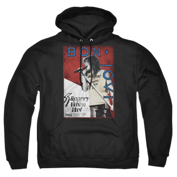 Black pullover hoodie with Bon Jovi 86 Tour graphic