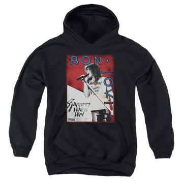 Black youth hoodie for ages 8 to 12 with Bon Jovi 86 Tour graphic