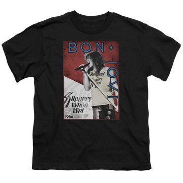 Black youth t-shirt for ages 8 to 12 with Bon Jovi 86 Tour graphic