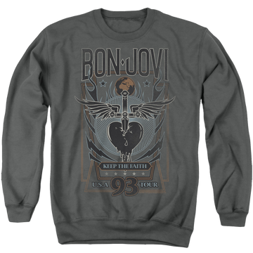 Charcoal men's crewneck sweatshirt with Bon Jovi Keep The Faith graphic