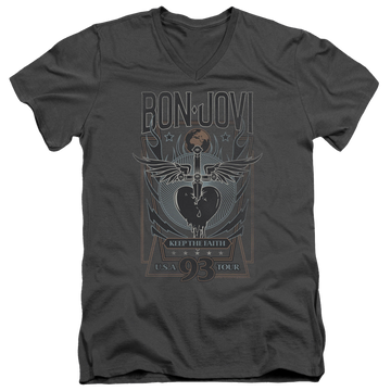 Charcoal men's v-neck t-shirt with Bon Jovi Keep The Faith graphic