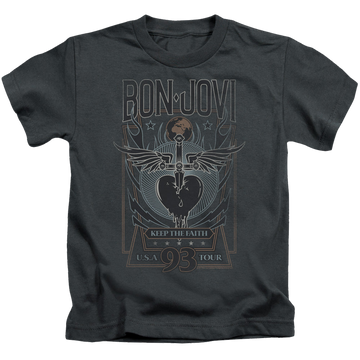 Charcoal kid's t-shirt for ages 4 to 7 with Bon Jovi Keep The Faith graphic
