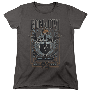 Charcoal women's t-shirt with Bon Jovi Keep The Faith graphic