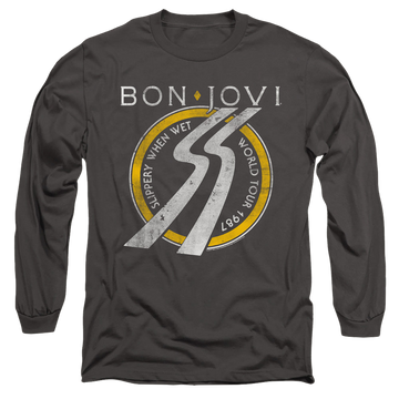 Charcoal men's long sleeve t-shirt with Bon Jovi Slippery When Wet World Tour graphic