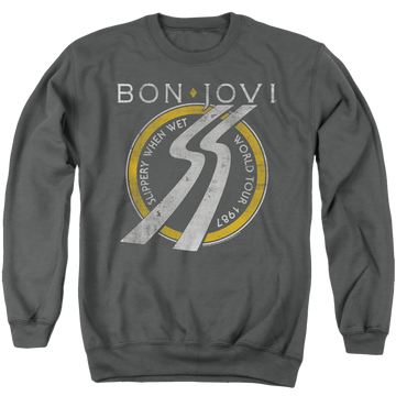 Charcoal men's crewneck sweatshirt with Bon Jovi Slippery When Wet World Tour graphic